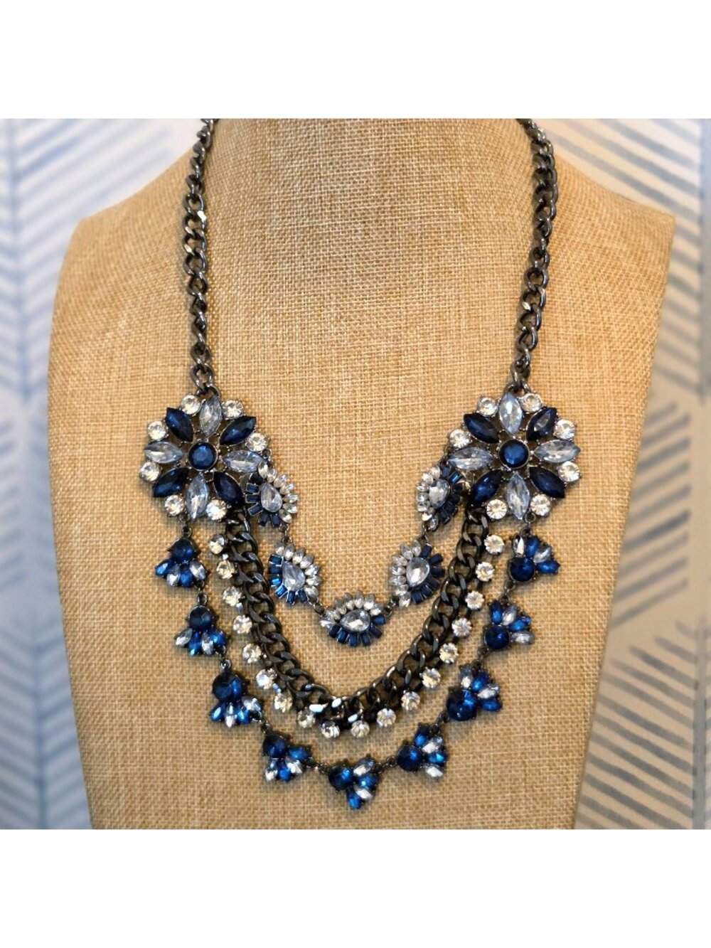 Charming Charlie Silver Tone & Blue Clear Rhinestone Layered Statement Necklace